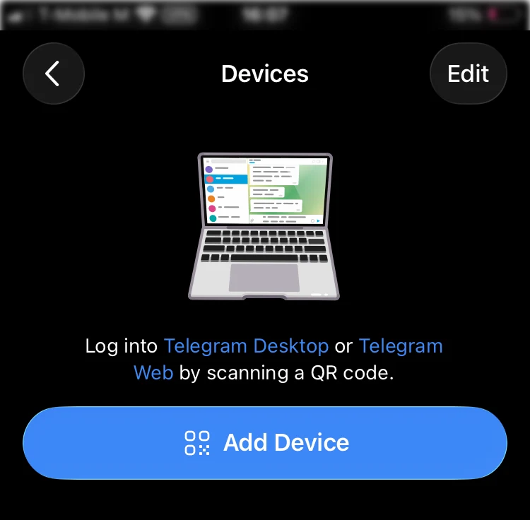 Telegram on a phone, Settings → Devices, with the Add Device button that opens the QR scanner